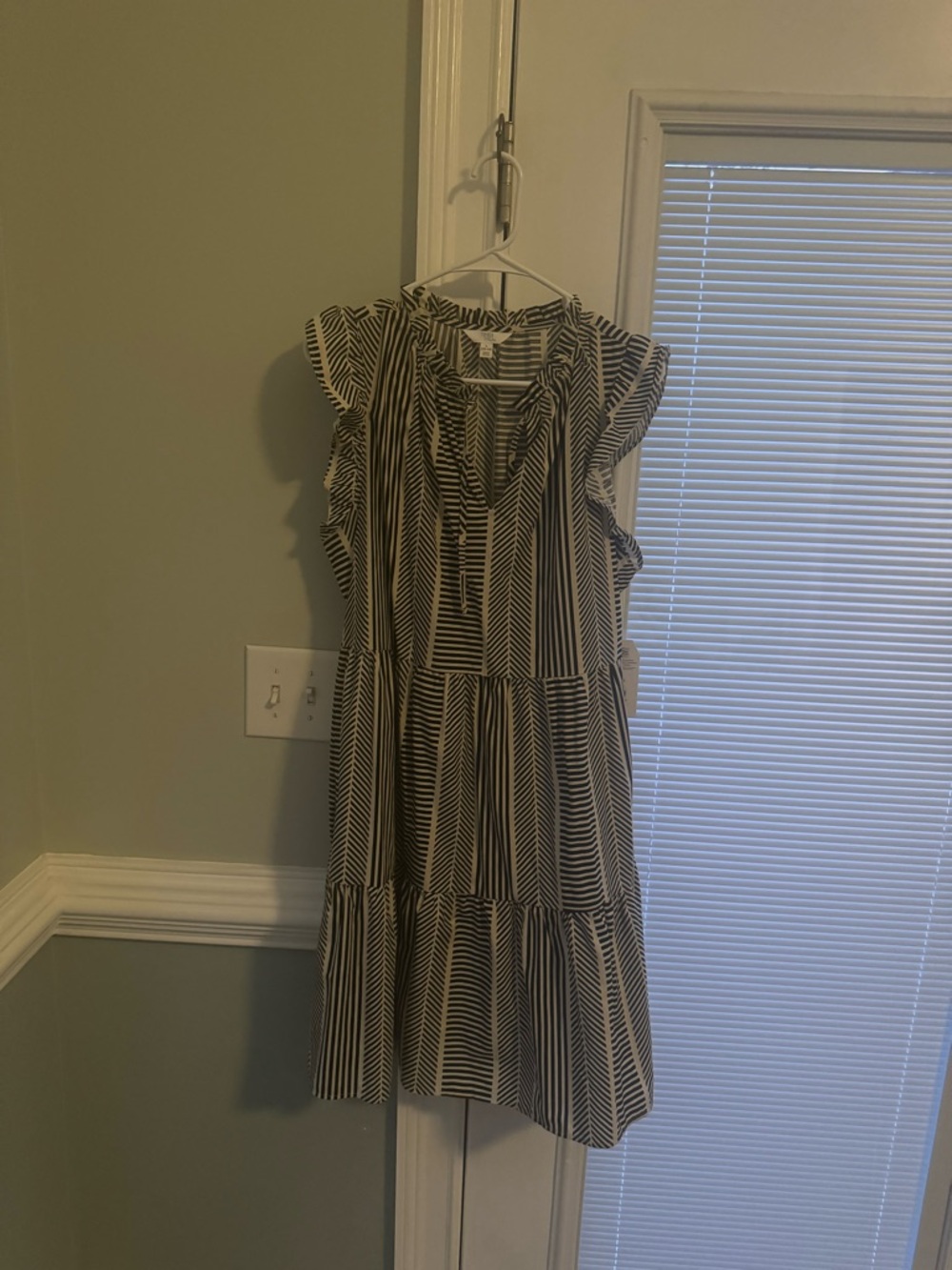 Striped Ruffle-Sleeve Tiered Dress in Black and Beige